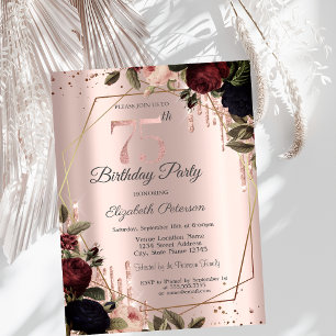  Glitter Drips Rose Gold Dark Flowers 75th  Invitation