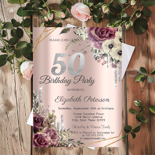 Glitter Drips Rose Gold Floral 50th Birthday Invitation