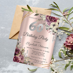 Glitter Drips Rose Gold Floral 60th Birthday Invitation