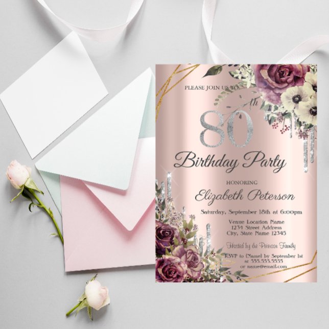 Glitter Drips Rose Gold Floral 80th Birthday  Invitation (Creator Uploaded)