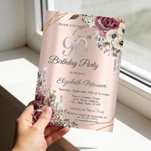 Glitter Drips Rose Gold Floral 90th Birthday  Invitation