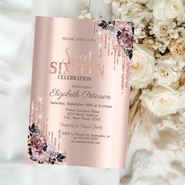  Glitter Drips Rose Gold Floral Sweet 16  Invitation (Creator Uploaded)