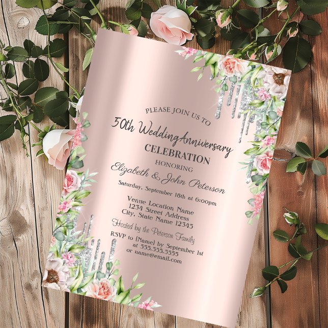 Glitter Drips Rose Gold Floral Wedding Anniversary Invitation (Creator Uploaded)