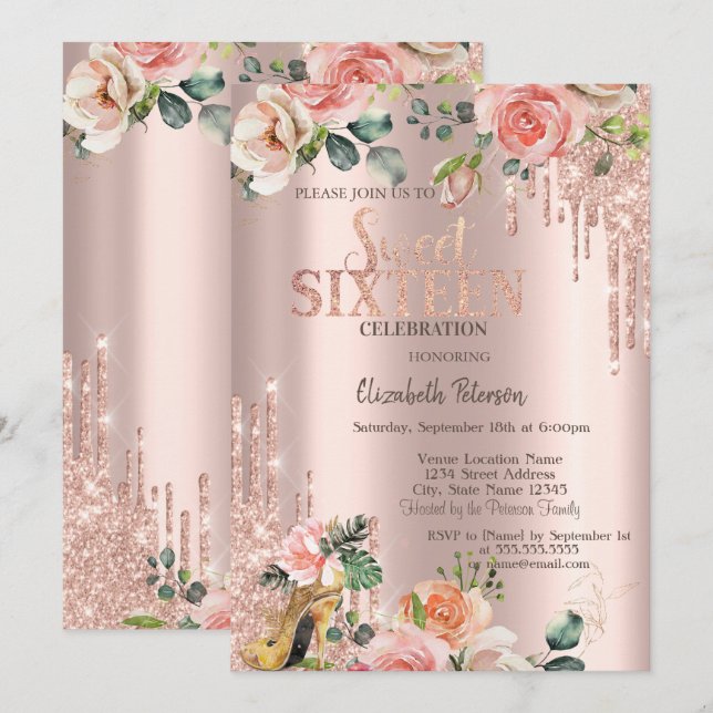 Glitter Drips Rose Gold High Heels Roses Sweet 16  Invitation (Front/Back)