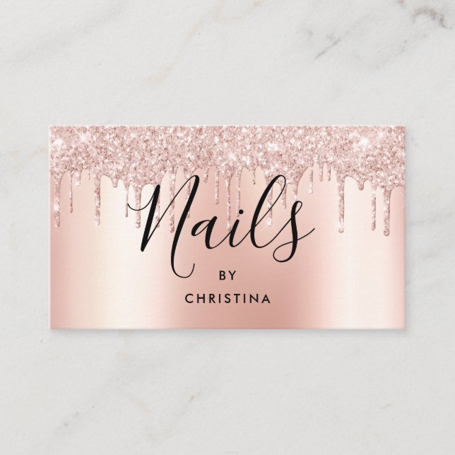 Glitter drips rose gold metallic elegant nails business card (Front)