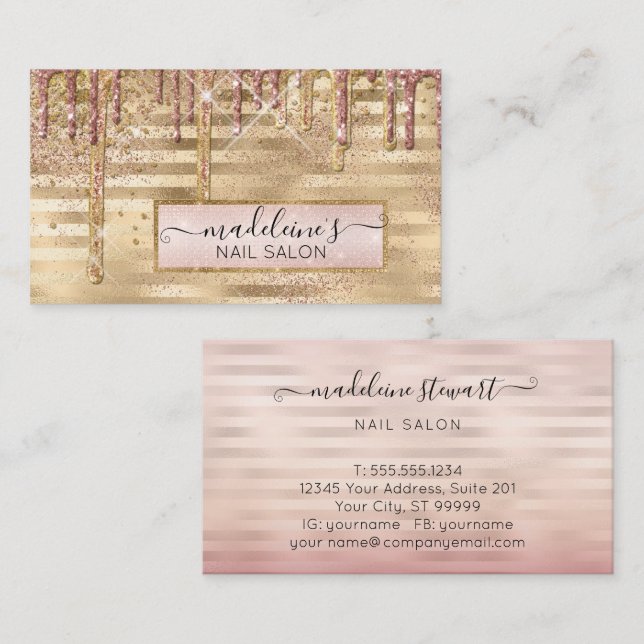 Glitter Drips Rose Gold Nail Salon Professional Business Card (Front/Back)