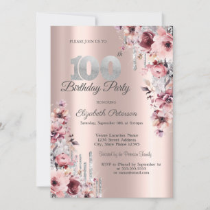Glitter Drips Rose Gold Pink Floral 100th  Invitation