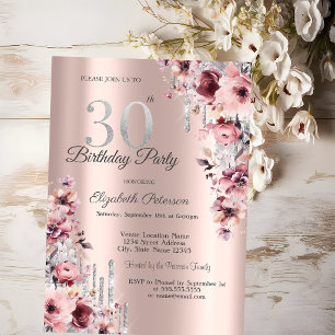 Glitter Drips Rose Gold Pink Floral 30th Birthday Invitation