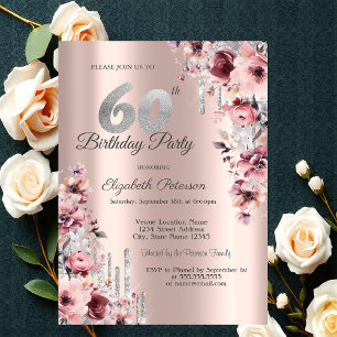 Glitter Drips Rose Gold Pink Floral 60th Birthday Invitation