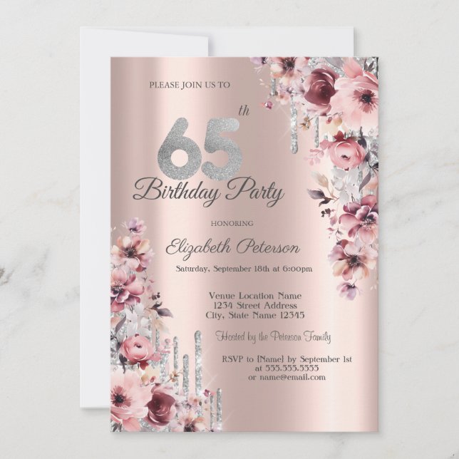 Glitter Drips Rose Gold Pink Floral 65th Birthday  Invitation (Front)