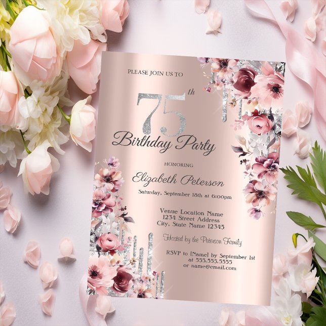 Glitter Drips Rose Gold Pink Floral 75th Birthday  Invitation (Creator Uploaded)