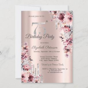 Glitter Drips Rose Gold Pink Floral 75th Birthday  Invitation