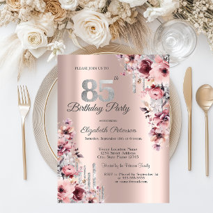 Glitter Drips Rose Gold Pink Floral 85th Birthday  Invitation