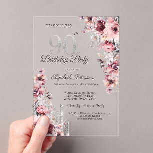 Glitter Drips Rose Gold Pink Floral 90th Birthday  Acrylic Invitations
