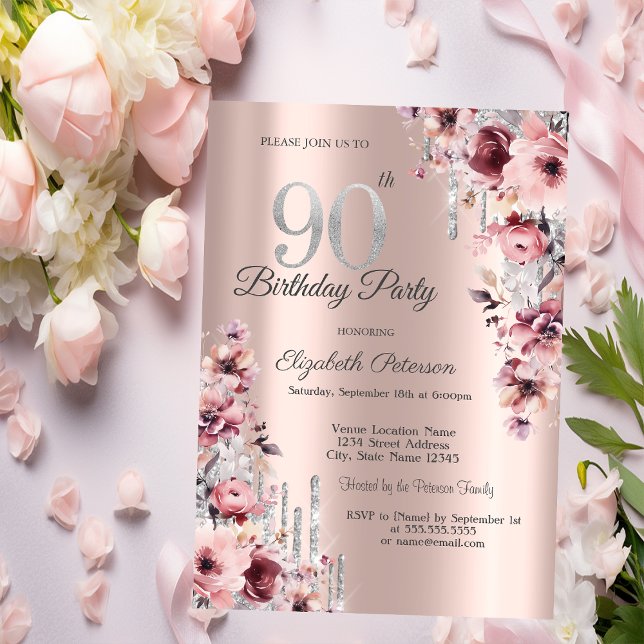 Glitter Drips Rose Gold Pink Floral 90th Birthday  Invitation (Creator Uploaded)