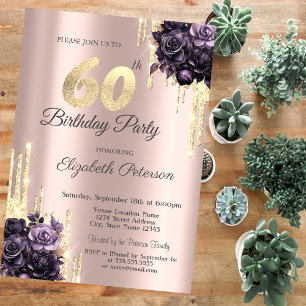 Glitter Drips Rose Gold Purple Roses 60th Invitation