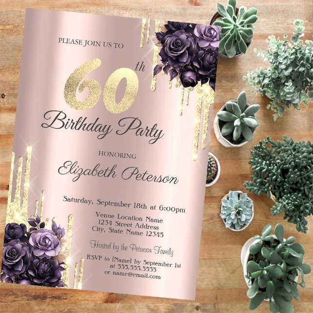 Glitter Drips Rose Gold Purple Roses 60th  Invitation (Creator Uploaded)