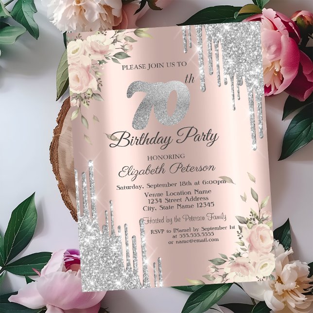 Glitter Drips,Rose Gold Roses 70th Birthday  Invitation (Creator Uploaded)