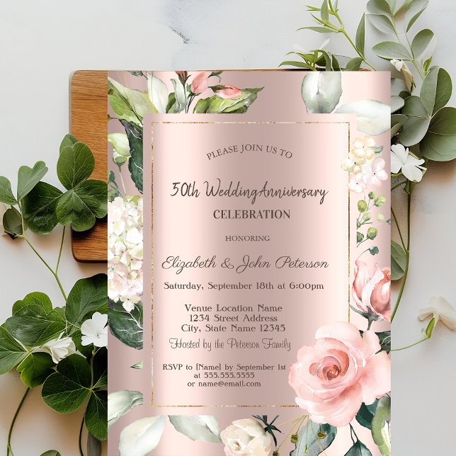 Glitter Drips Rose Gold Roses Wedding Anniversary Invitation (Creator Uploaded)