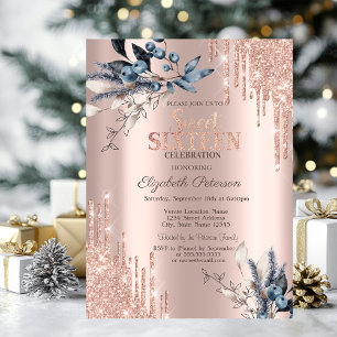 Glitter Drips Rose Gold Winter Flowers Sweet 16 Invitation