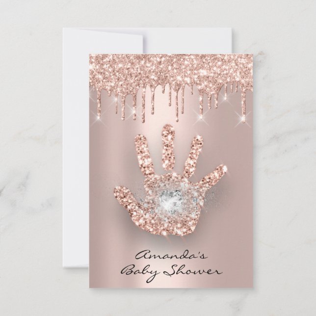 Glitter Drips Rose Heart  Crystal Baby Shower Hand Invitation (Back)