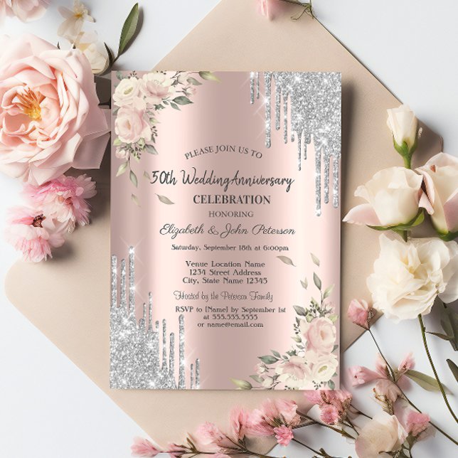 Glitter Drips,Roses, Rose Gold Wedding Anniversary Invitation (Creator Uploaded)