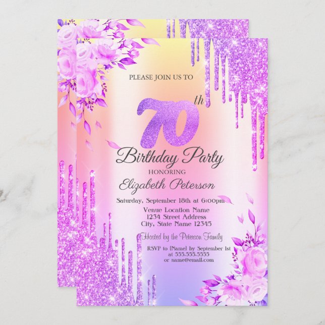 Glitter Drips,Roses,Violet 70th Birthday  Invitation (Front/Back)