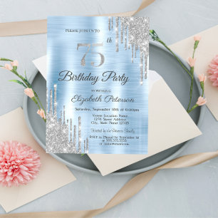  Glitter Drips Silver 75th Birthday   Invitation
