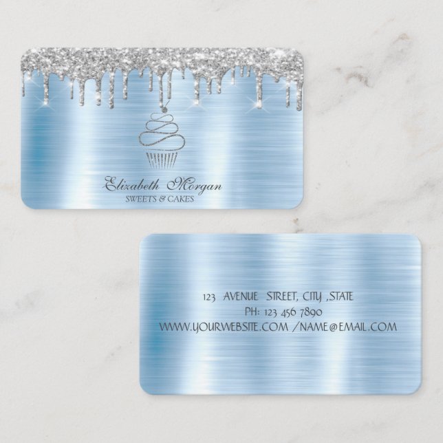 Glitter Drips Silver Cupcake Bakery Blue Metallic Business Card (Front/Back)