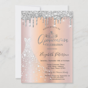 Glitter Drips Silver Diamond Dress Quinceañera  Invitation