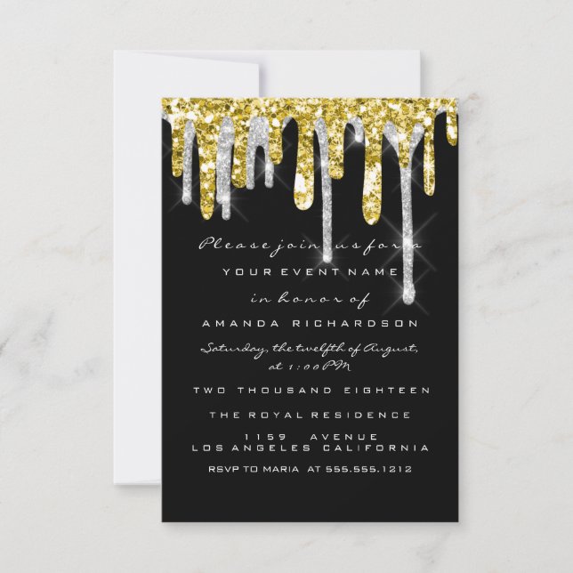 Glitter Drips Silver Gold Black Bridal Sweet 16th Invitation (Front)