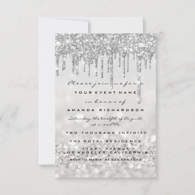 Glitter Drips Silver Grey Bridal Sweet 16th  Invitation (Front)