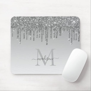 Glitter Drips Silver Grey Sparkle Monogram Elegant Mouse Pad