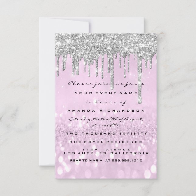 Glitter Drips Silver Purple Bridal Sweet 16th Invitation (Front)