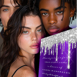 Glitter Drips Silver Purple Bridal Sweet 16th Invitation