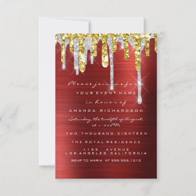 Glitter Drips Silver Red Gold Bridal Sweet 16th Invitation (Front)