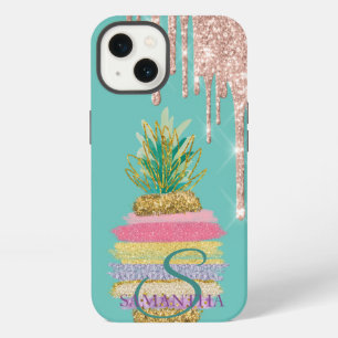 Glitter Drips Striped Pineapple Mint Green iPhone 13 Case