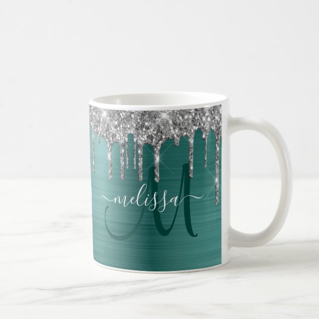 Glitter Drips Teal Brushed Metal Monogram Coffee Mug (Right)