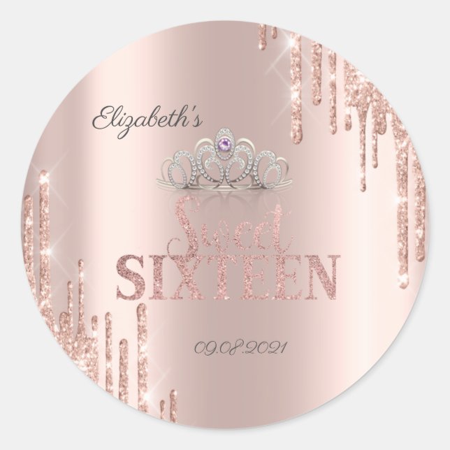  Glitter Drips Tiara Rose Gold Sweet 16    Classic Round Sticker (Front)