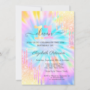 Glitter Drips Tie Dye 11th Birthday Invitation