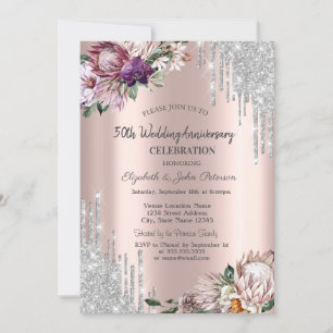 Glitter Drips,Tropical Flowers Rose Gold Wedding  Invitation