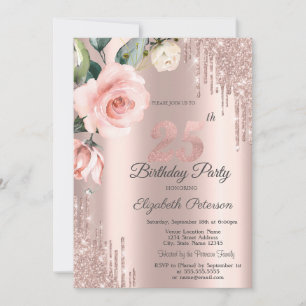 Glitter Drips Watercolor Roses 25th Birthday Invitation