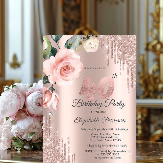 Glitter Drips Watercolor Roses 40th Birthday   Invitation (Creator Uploaded)
