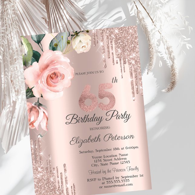 Glitter Drips Watercolor Roses 65th Birthday   Invitation (Creator Uploaded)