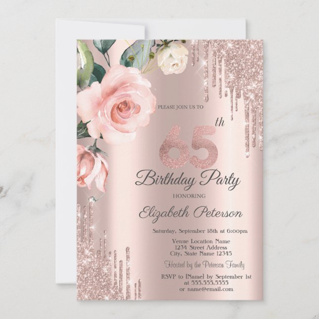 Glitter Drips Watercolor Roses 65th Birthday   Invitation (Front)