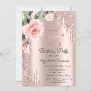 Glitter Drips Watercolor Roses 75th Birthday   Invitation