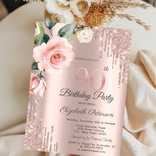 Glitter Drips Watercolor Roses 90th Birthday   Invitation