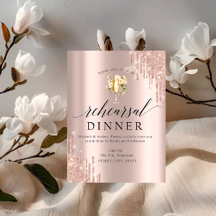Glitter Drips Wine Glass Flowers Rehearsal Dinner Invitation