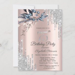 Glitter Drips,Winter Flowers  75th Birthday Invitation