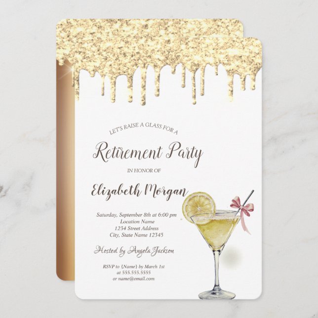 Glitter Drops Cocktail Lemon Retirement Invitation (Front/Back)